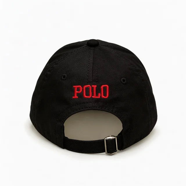 Black polo with red pony Cap